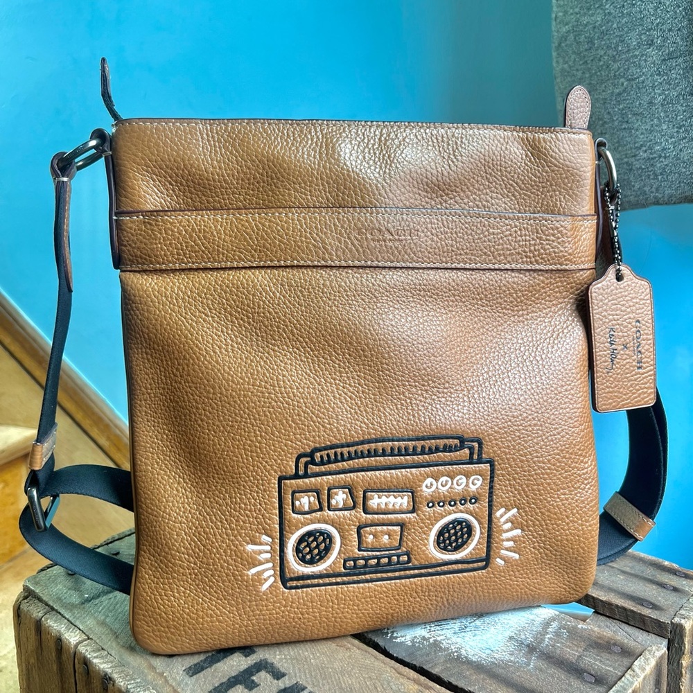 Coach X Keith Haring Leather Crossbody Bag with Radio Graphic - Brown
